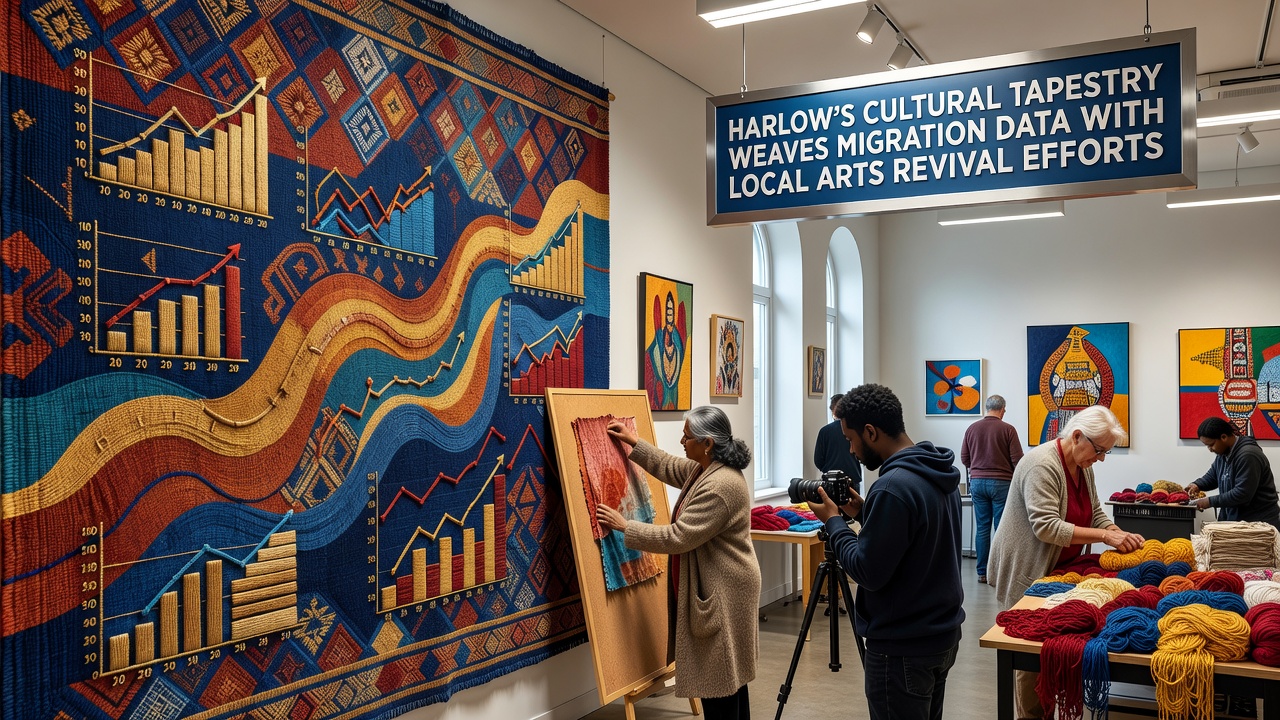 Public installation in a revived Harlow space displaying artworks influenced by migration statistics and community stories
