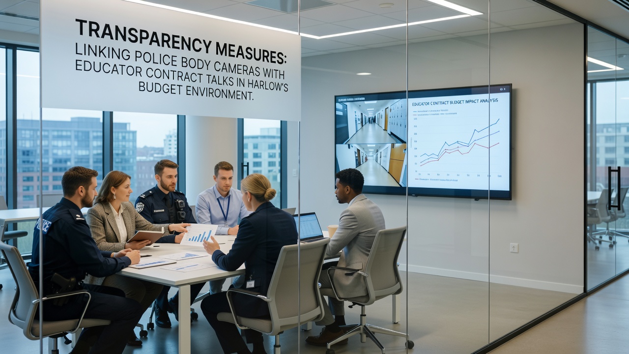 Harlow educators and local officials reviewing shared budget documents that reference both contract terms and public safety transparency requirements